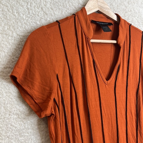 Ashley Stewart Womens Brown Black Piping V-Neck Short Sleeve Midi Dress 12W PLUS - Picture 2 of 6